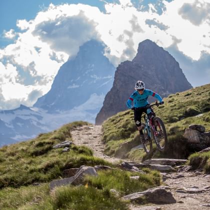 Ein Mountainbiker navigiert geschickt durch einen schmalen Pfad in den Bergen von Zermatt, umgeben von einer atemberaubenden Alpenlandschaft.