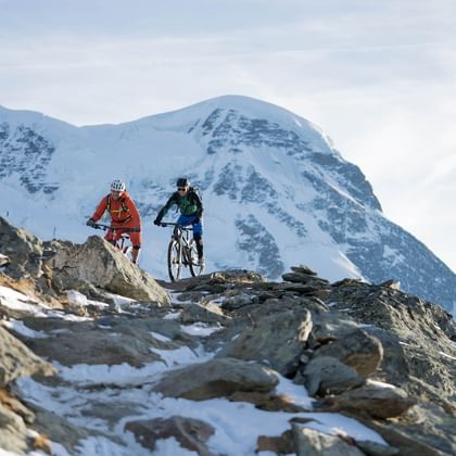 Radfahrer erkunden die abwechslungsreichen und anspruchsvollen Trails in Zermatt, umgeben von unberührter Natur.